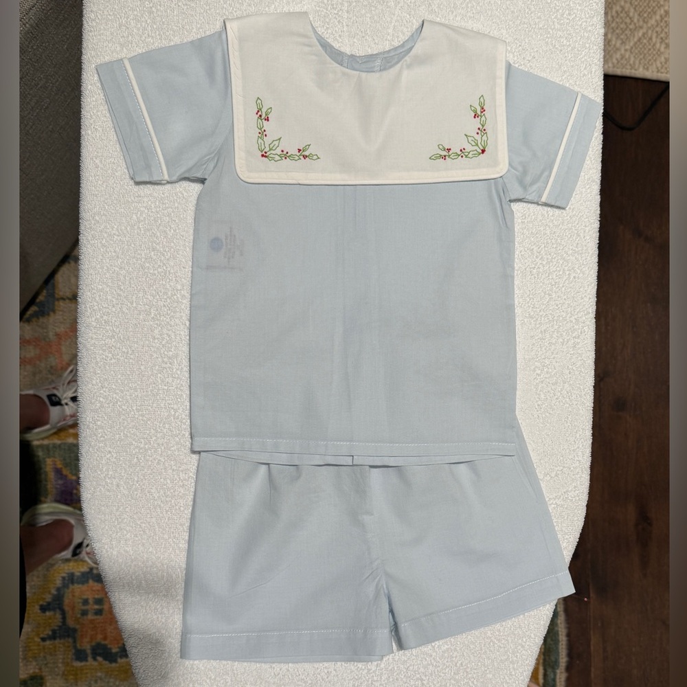 Lullaby Set - Light Blue Boy Short Set w/Holly Embroidered Collar - Size 2T